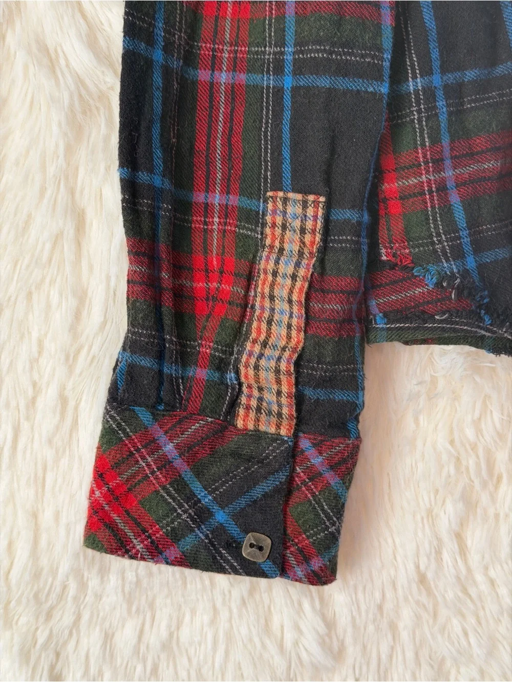 We The Free Womens Boho Rustic Plaid Flannel Mixed Media Shirt Size L Raw Hem - Picture 6 of 9